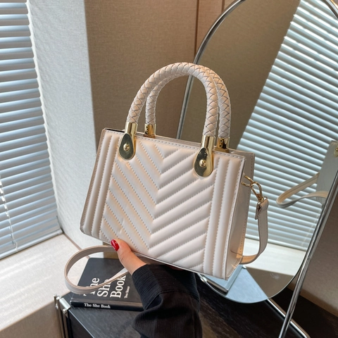 Borsa a Mano Trapuntata da Donna in Pelle PU Borsa a Tracolla Chevron Con Manico Intrecciato Borsa Quadrata Ferramenta Dorata