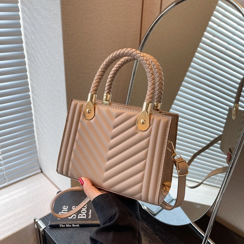 Borsa a Mano Trapuntata da Donna in Pelle PU Borsa a Tracolla Chevron Con Manico Intrecciato Borsa Quadrata Ferramenta Dorata