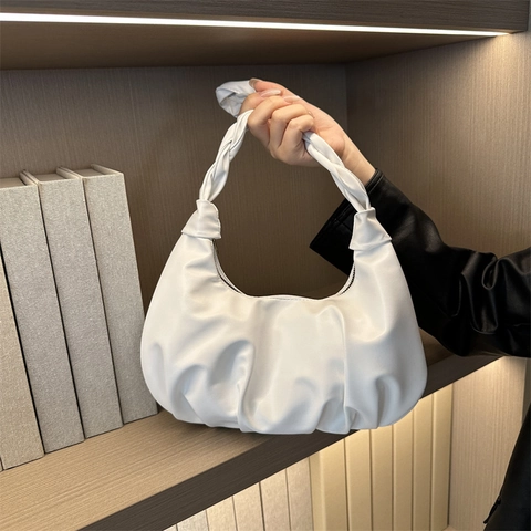 Fashion Ruched PU Leather Underarm Bag For Women Street Trendy Woven Handle Solid Color Hobo Bag Small Square Purse