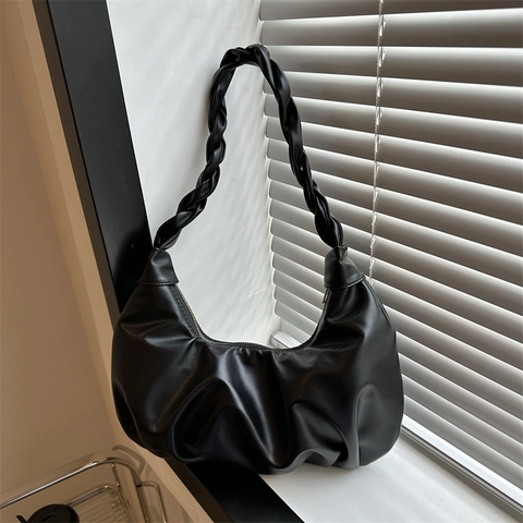 Fashion Ruched PU Leather Underarm Bag For Women Street Trendy Woven Handle Solid Color Hobo Bag Small Square Purse