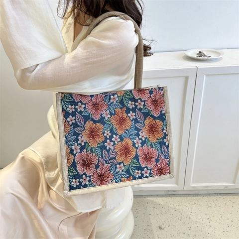 Borsa Tote in Lino di Cotone Floreale Vintage Grande Capacità Jacquard Borsa a Spalla Donna Casual Retro Shopping Bag Quotidiana