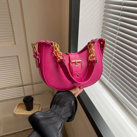 Moda PU Cuero Media Luna Bolso de Axila Para Mujeres Cadena de Oro Hebilla Color Sólido Retro Pequeño Bolso Hobo Mano