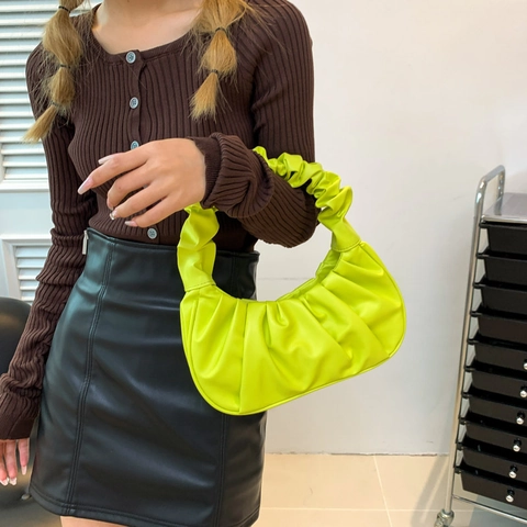 Fashion Women Ruched PU Leather Cloud Underarm Bag Candy Color Shoulder Bag Minimalist Scrunchie Hobo Handbag Streetwear Daily Bag