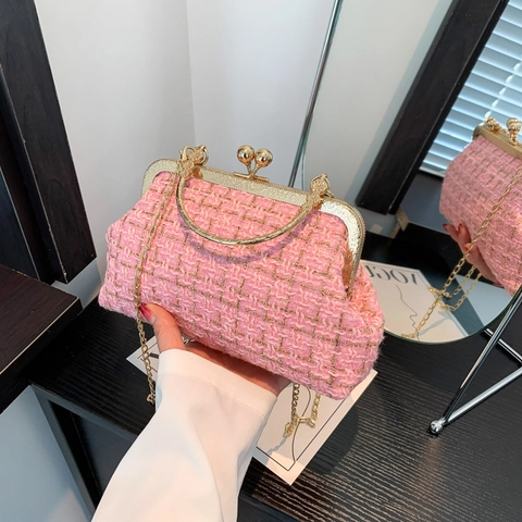 Retro Women Tweed Shoulder Bag Elegant Woven Chain Crossbody Bag With Metal Handle Small Square Purse For Daily Party