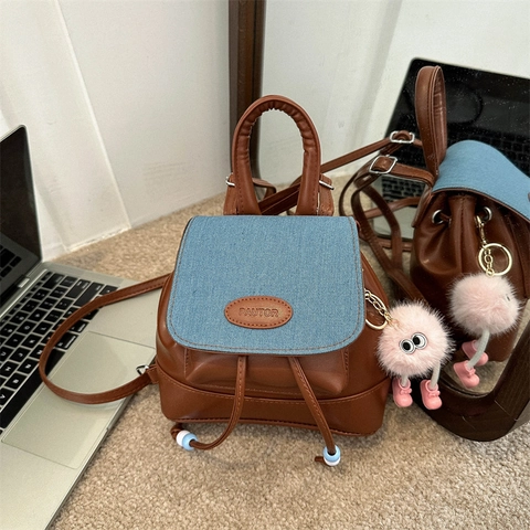 Mini Mode Vrouwen PU Leer Denim Patchwork Emmer Rugzak Schattige Pluche Monster Hanger Trekkoord Kleine Schoudertas Handtas