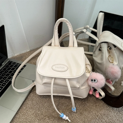 Mini Mode Vrouwen PU Leer Denim Patchwork Emmer Rugzak Schattige Pluche Monster Hanger Trekkoord Kleine Schoudertas Handtas