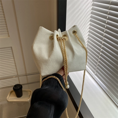 Fashion Corduroy Bucket Bag For Women Vintage Chain Strap Shoulder Crossbody Bag With Artificial Pearl Decor Small Purse