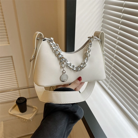 Fashion Women Crescent Hobo Bag Luxury PU Denim Shoulder Crossbody Bag With Silver Metal Chain Decoration Retro Square Underarm Bag