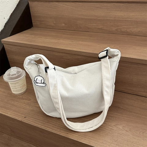 Borsa Hobo a Mezzaluna in Velluto a Coste da Donna Borsa a Tracolla Retrò a Strisce Con Ciondolo a Cane Regolabile