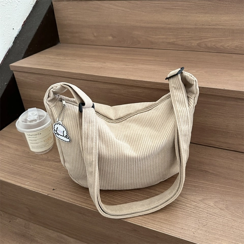 Borsa Hobo a Mezzaluna in Velluto a Coste da Donna Borsa a Tracolla Retrò a Strisce Con Ciondolo a Cane Regolabile