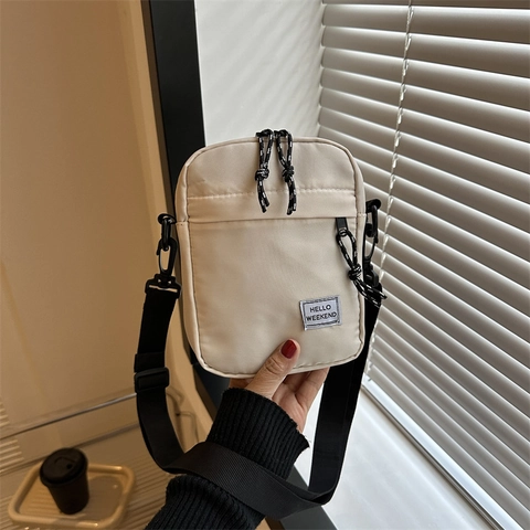 Women Oxford Cloth Mobile Phone Crossbody Bag Casual Small Square Bag Hello Weekend Patch Adjustable Strap Shoulder Bag