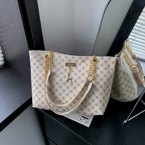 Borsa Tote Grande Capacità Stampa Geometrica Vintage Donna Pelle PU Catena Borsa a Spalla Con Ciondolo Cervo Borsa a Mano Pendolare