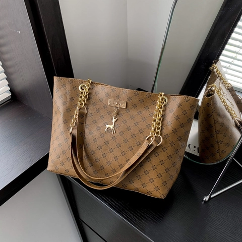 Borsa Tote Grande Capacità Stampa Geometrica Vintage Donna Pelle PU Catena Borsa a Spalla Con Ciondolo Cervo Borsa a Mano Pendolare