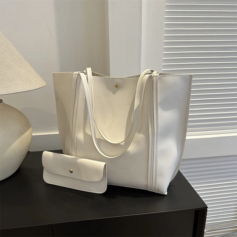 Modern Minimalist PU Leather Tote Bag Set For Women Large Capacity Shoulder Bag With Small Pouch Commuting Handbag