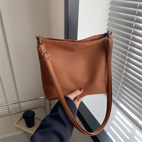 Women Lychee Texture PU Leather Bucket Bag Large Capacity Adjustable Strap Shoulder Crossbody Bag Solid Color Commuting Handbag