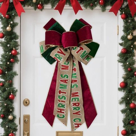 Large Christmas Bow Velvet Burlap Merry Christmas Printed Tree Topper Hanging Ornament Red Green Star Holiday Party Decor