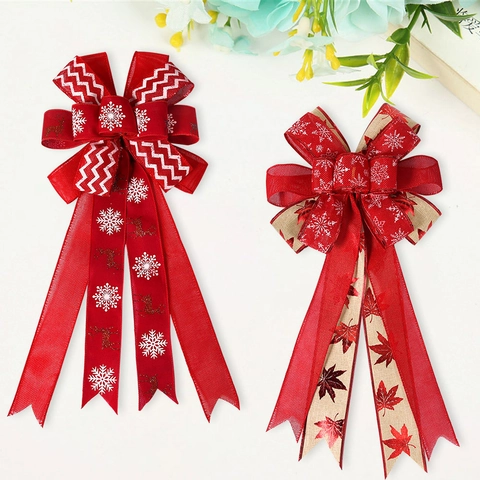 Weihnachtsbaumspitze Schleife Rot Schwarz Kariert Schneeflocke Rentier Druck Samt Leinenimitat Anhänger Deko