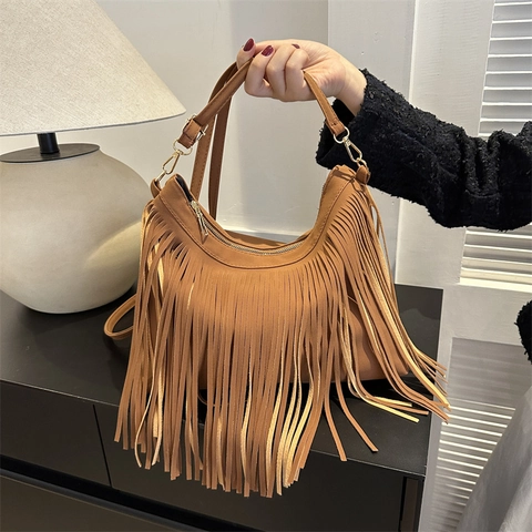 Bolso Bandolera Bohemio con Flecos y Borlas para Mujer de Gamuza Sintética Bolso Hobo con Correa Ajustable y Cremallera
