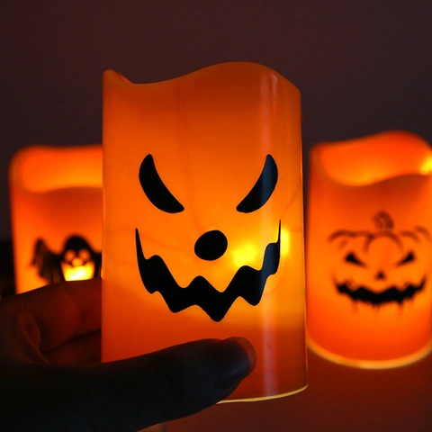 Halloween LED Electronic Candle Light Pumpkin Ghost Skeleton Patterns Orange Plastic Flameless Candle For Party Room Decoration