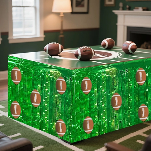 Decorazioni per Feste a Tema Football Americano Super Bowl Gonnellino da Tavolo Verde con Frange in Tinsel e Adesivi per Feste Sportive di Compleanno