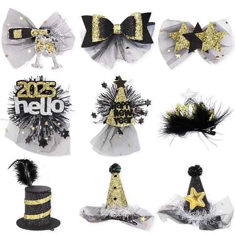 New Year 2026 Sequin Mini Top Hat Hair Clip Mesh Bow Star Crown Hairpin For Festive Eve Party Favors Women Girls Accessories