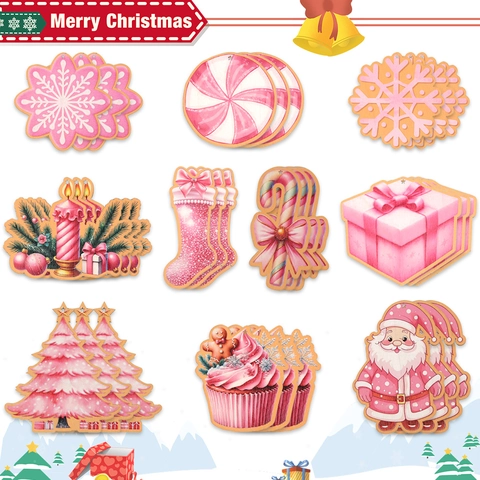 Rosa Navidad Colgantes Madera Decoraciones Árbol Dibujos Animados Papá Noel Copo Nieve Cupcake Madera Adornos DIY Fiesta Atrezzo