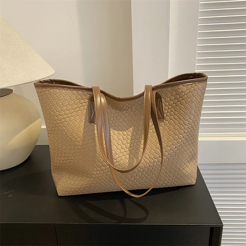 Dames Grote Capaciteit Geweven Tote Tas Mode PU Lederen Handtas Schoudertas Commuter Shopping Tas Vintage Geweven Stijl