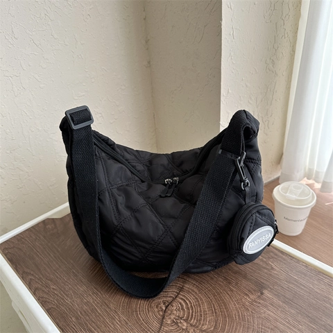 Borsa Sottobraccio in Tessuto Oxford Trapuntato da Donna Con Pochette Rotonda Mezzaluna Borsa a Tracolla a Diamante Hobo