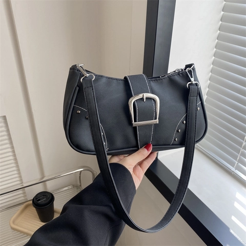 Bolso de Axila de Cuero PU Vintage Mujer Hebilla de Metal Plateado Remache Bolso de Hombro Retro Textura Denim Bolso de Mano Cuadrado Pequeño