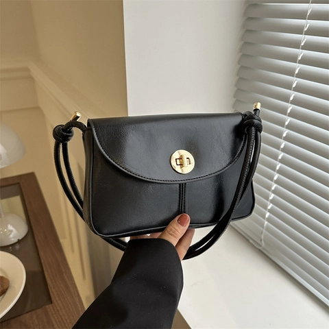 Damen Retro Einfarbig PU Leder Kleine Quadratische Tasche Vintage Crossbody Umhängetasche Mit Metall Drehverschluss Und Geknotetem Riemen