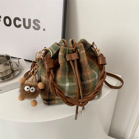 Retro Plaid Tweed Drawstring Bucket Bag For Women Fashion Checked Crossbody Bag With Braided Handle And Plush Pendant