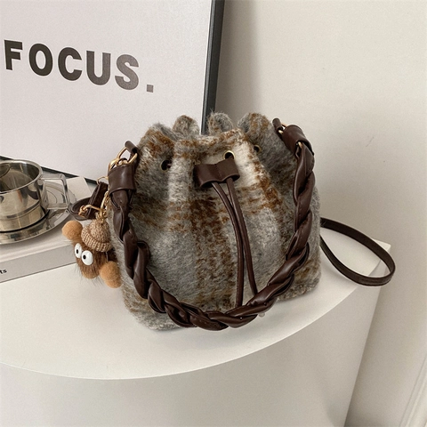 Retro Plaid Tweed Drawstring Bucket Bag For Women Fashion Checked Crossbody Bag With Braided Handle And Plush Pendant