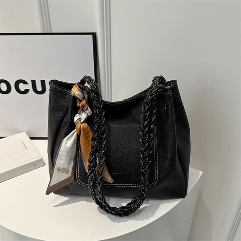 Bolso Tote de Gran Capacidad para Mujer Patrón Litchi Bolso de Hombro de Cuero PU Con Asas Trenzadas y Pañuelo de Seda Decorativo Para Oficina
