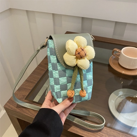 Vrouwen Mode Mobiele Telefoontas Leuke 3D Bloem Crossbody Tas Schaakbord Mini Schoudertas Casual Reistelefoon Portemonnee