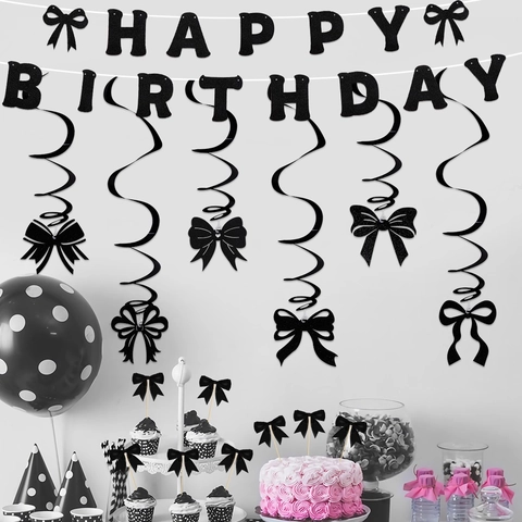 Black Glitter Bow Birthday Party Decorations Hanging Swirls Banner Ribbon Cake Topper for Women Birthday Celebration