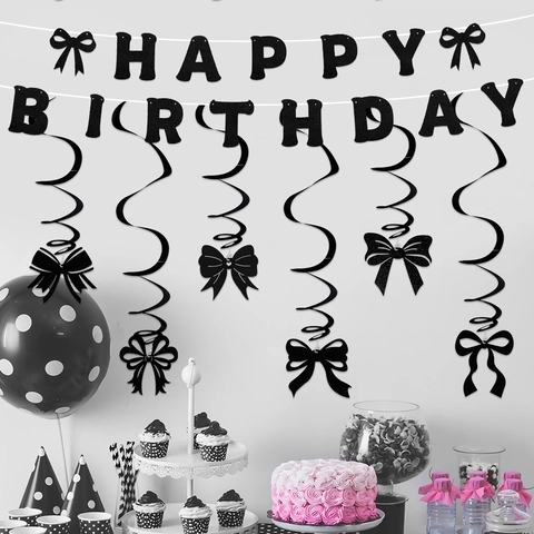 Glitter Papier Strik Happy Birthday Banner En Spiraal Hangende Ornamenten Feest Decoratie Voor Meisjes Verjaardag