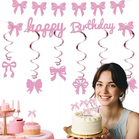 Set Decoración Fiesta Cumpleaños Lazo Rosa Purpurina Pancarta Happy Birthday Espirales Cake Toppers Para Niños Niñas