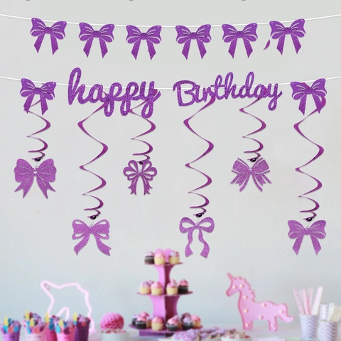Happy Birthday Glitter Letter Banner Bowknot Hanging Swirls Ornaments Celebration Party Background Decor Supplies