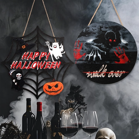 Halloween Wooden Door Hanging Sign Spooky Pumpkin Ghost Bat Spider Web Party Wall Plaque Decoration Haunted House Ornaments