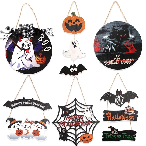 Cartello Appeso in Legno di Halloween Fantasma Zucca Pipistrello Ragnatela Targa Porta Decorazione Festa Horror Casa