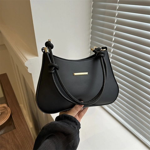 Women Fashion PU Leather Underarm Bag Minimalist Small Square Shoulder Handbag With Knot Handle Metallic Decoration Daily Bag