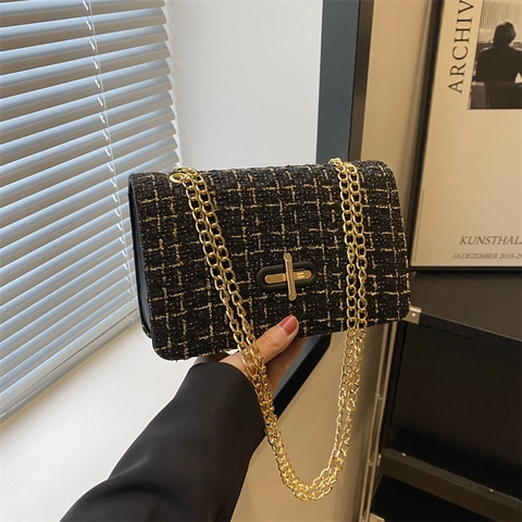 Sac Carré Vintage en Coton Lin pour Femmes Élégant Plaid Bandoulière Sac à Épaule Verrou en Métal Petit Sac Messager Quotidien