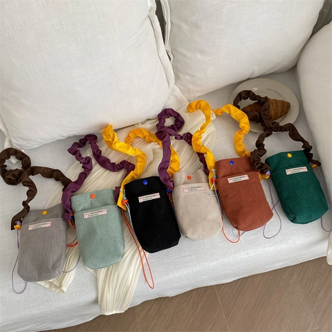 Vintage Corduroy Mobile Phone Bag For Women With Ruffle Strap Contrast Color Patch Small Crossbody Bag Fashion Shoulder Bag