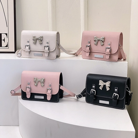 Mode Süße Schleife Kontrastfarbe Kleine Quadratische Tasche Für Damen PU Leder Preppy Stil Umhängetasche Pendler Schultertasche
