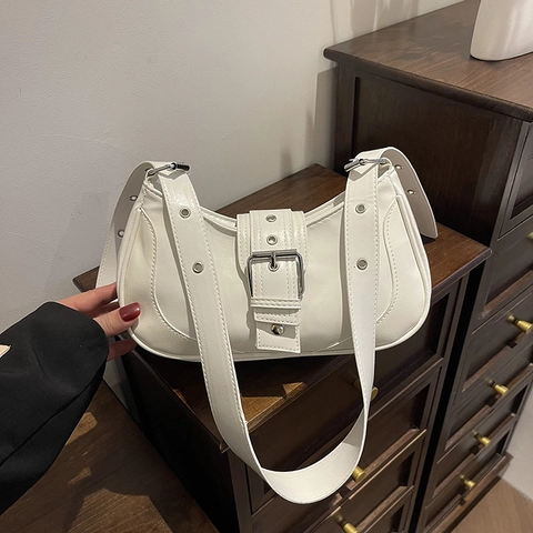 Mode Damen PU Leder Achseltasche Y2K Retro Halbmond Hobo Tasche Mit Metallschnalle Silber Ösenriemen Schultertasche