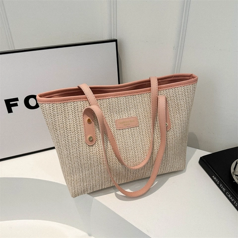 Womens Large Capacity Woven Tote Bag Casual Commuter Handbag Fashion Color Blocking Shoulder Bag Vacation Travel Bag