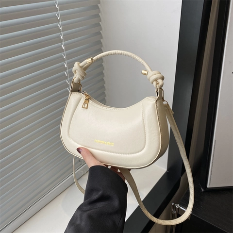 Bolso de Axila Retro de Cuero PU para Mujer Moda Color Sólido Bolso de Hombro con Asa de Nudo Cremallera de Oro Bolso Mano