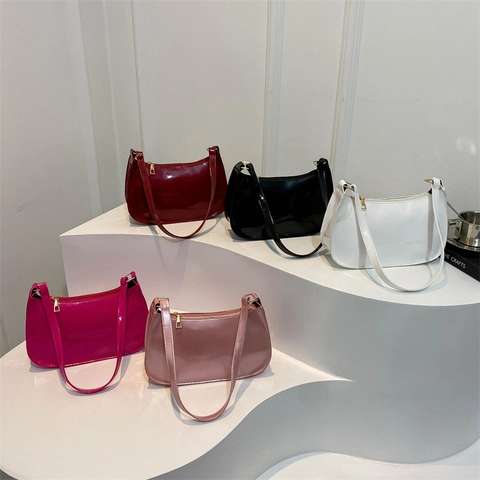 Borsa Sottobraccio da Donna in PU con Finitura Lucida Tinta Unita Piccola Borsa a Tracolla Quadrata Trendy Stile Coreano Minimalista Baguette