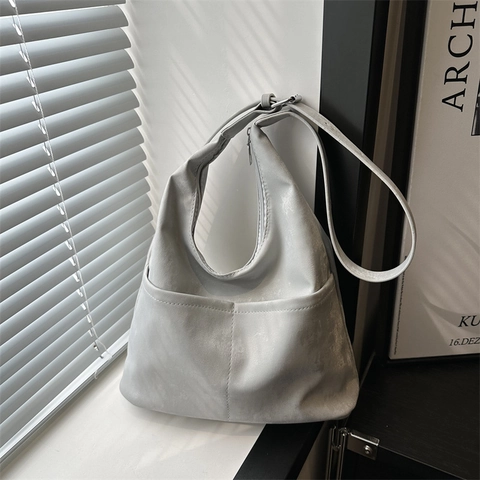 Bolso Hobo de Cuero PU de Gran Capacidad para Mujer Bolso Tote de Hombro Minimalista Color Sólido Doble Bolsillo para Oficina
