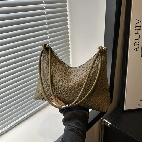 Bolso de Axila con Textura Trenzada para Mujer Moda de Cuero PU Bolso de Hombro Color Sólido Bolso Hobo Cuadrado Street Trend